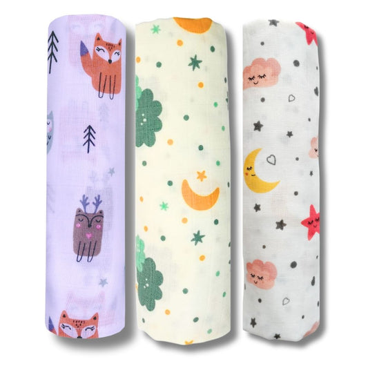 LazyToddler Muslin Swaddle Set of 3 – Fox , Cloud & Moon – Newborn Baby Blanket