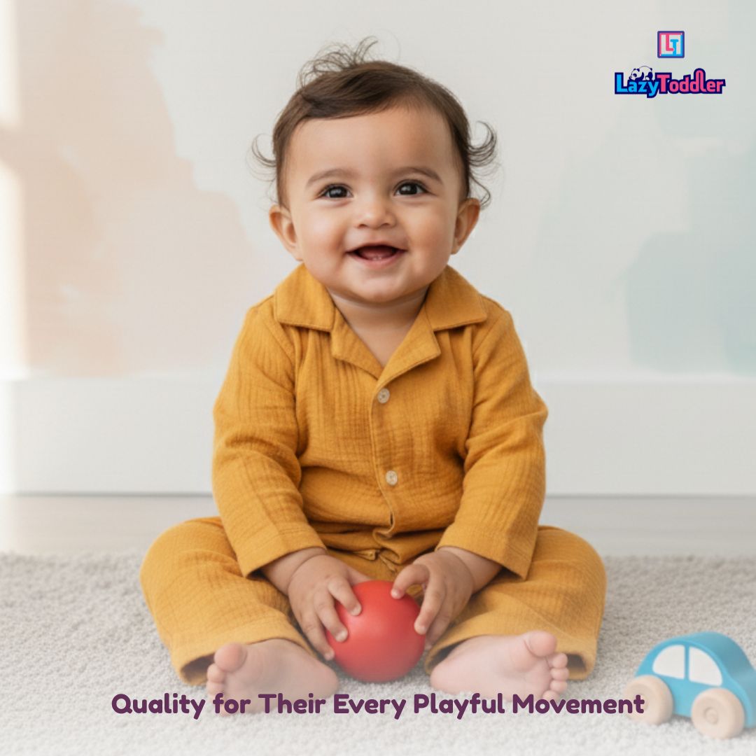 Crinkled Muslin Full Night Suit Premium Open Collar