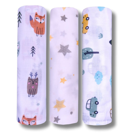 LazyToddler Muslin Swaddle Set of 3 – Fox , Yellow Star & Car – Newborn Baby Blanket
