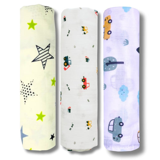 LazyToddler Muslin Swaddle Set of 3 – New Star, Crane & Car – Newborn Baby Blanket