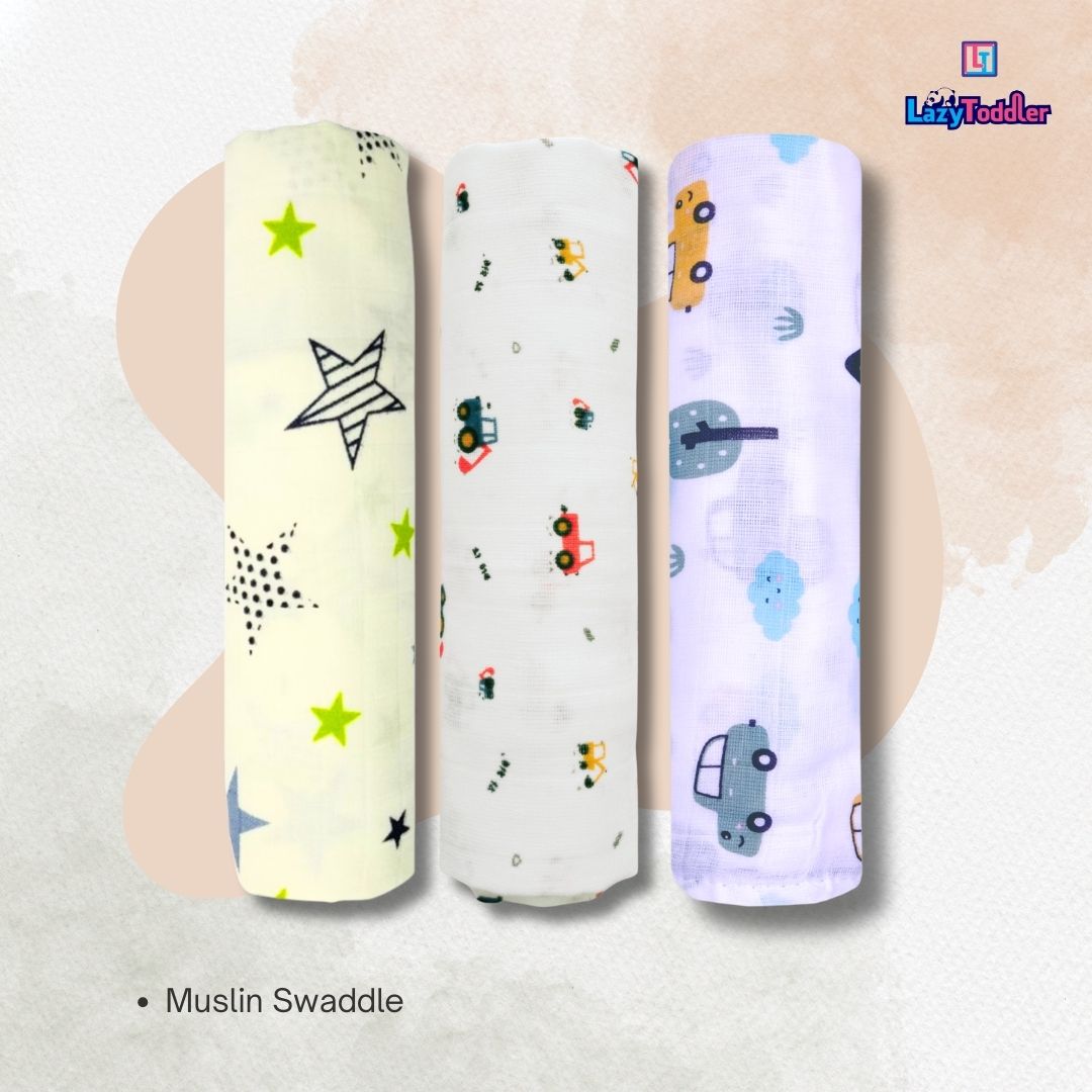 LazyToddler Muslin Swaddle Set of 3 – New Star, Crane & Car – Newborn Baby Blanket