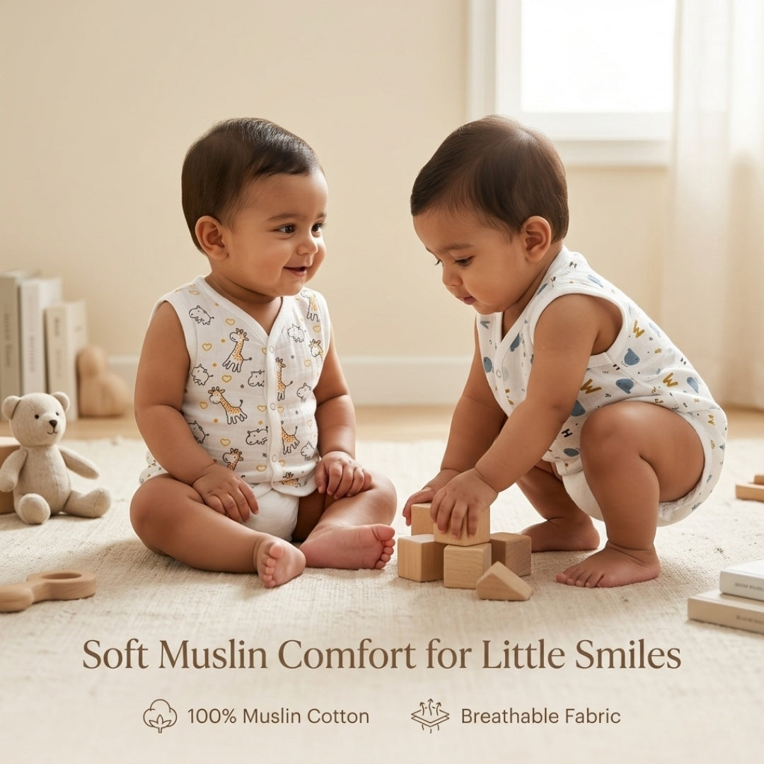 Premium Muslin Printed Push-Button Jhabla Pack of 4 - Mix Print