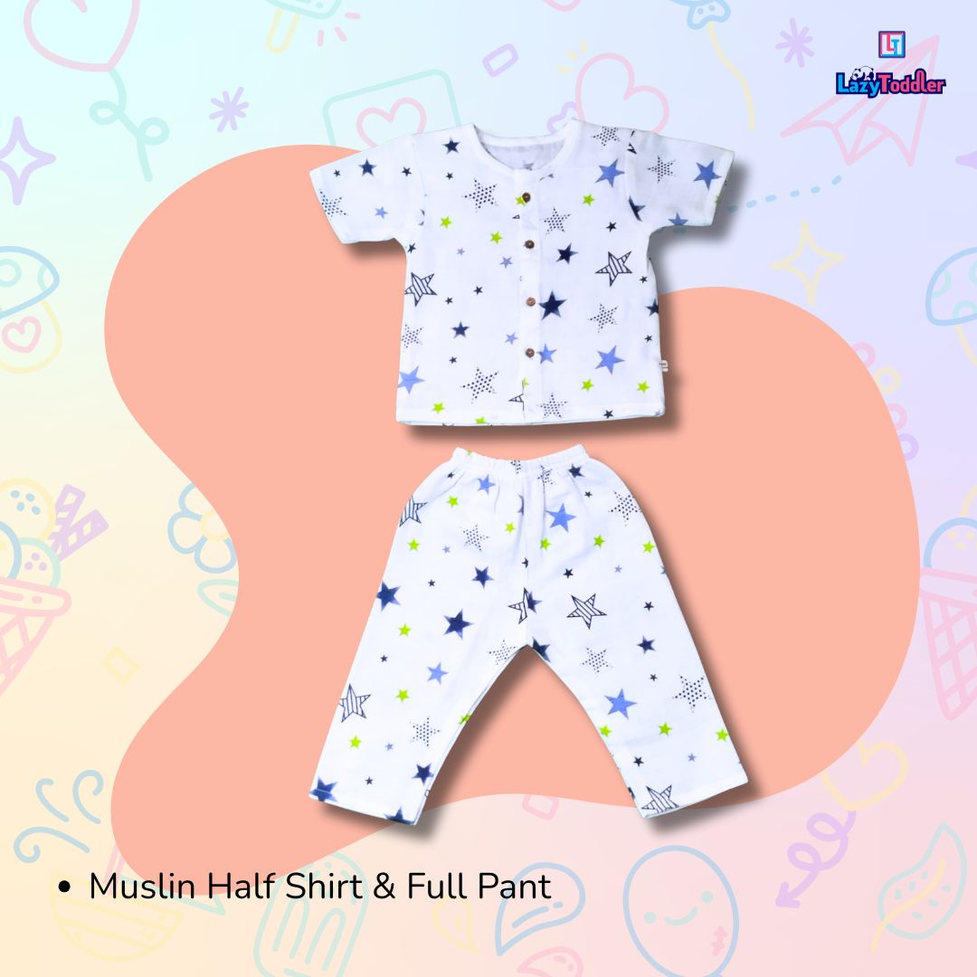 LazyToddler Muslin Half Shirt and Full Pant Set (New Star)
