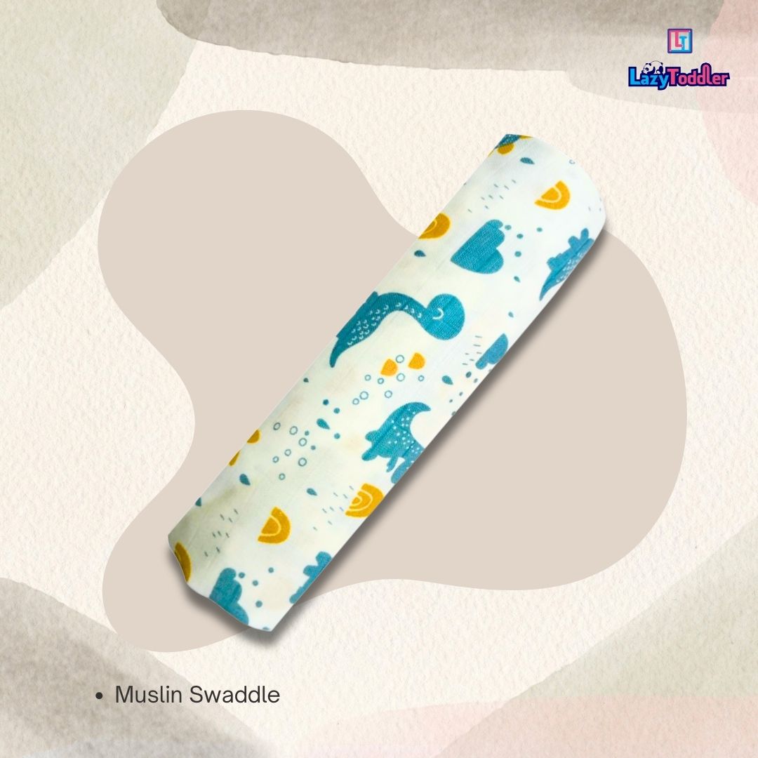 Premium Organic Muslin Cotton Swaddle Single Blue DIno Desgine
