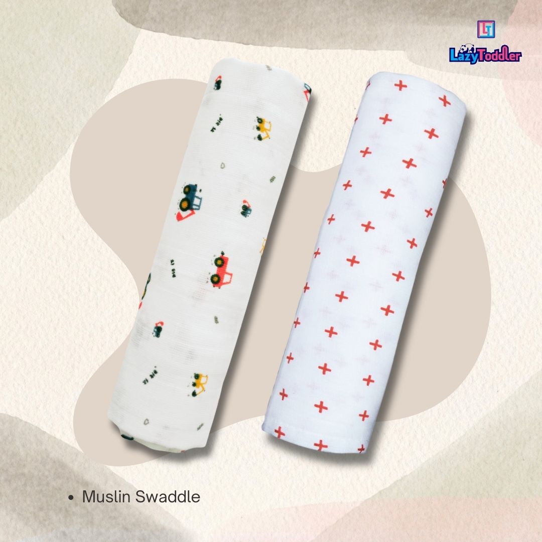 Lazytoddler Muslin Swaddle Printed Design (Crane & Red Plus) Set of 2