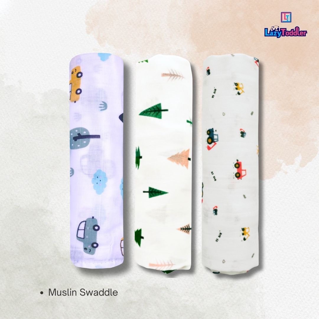 Lazytoddler Muslin Swaddle Printed Design (Yellow Camel , Fox , Car ) Set of 3