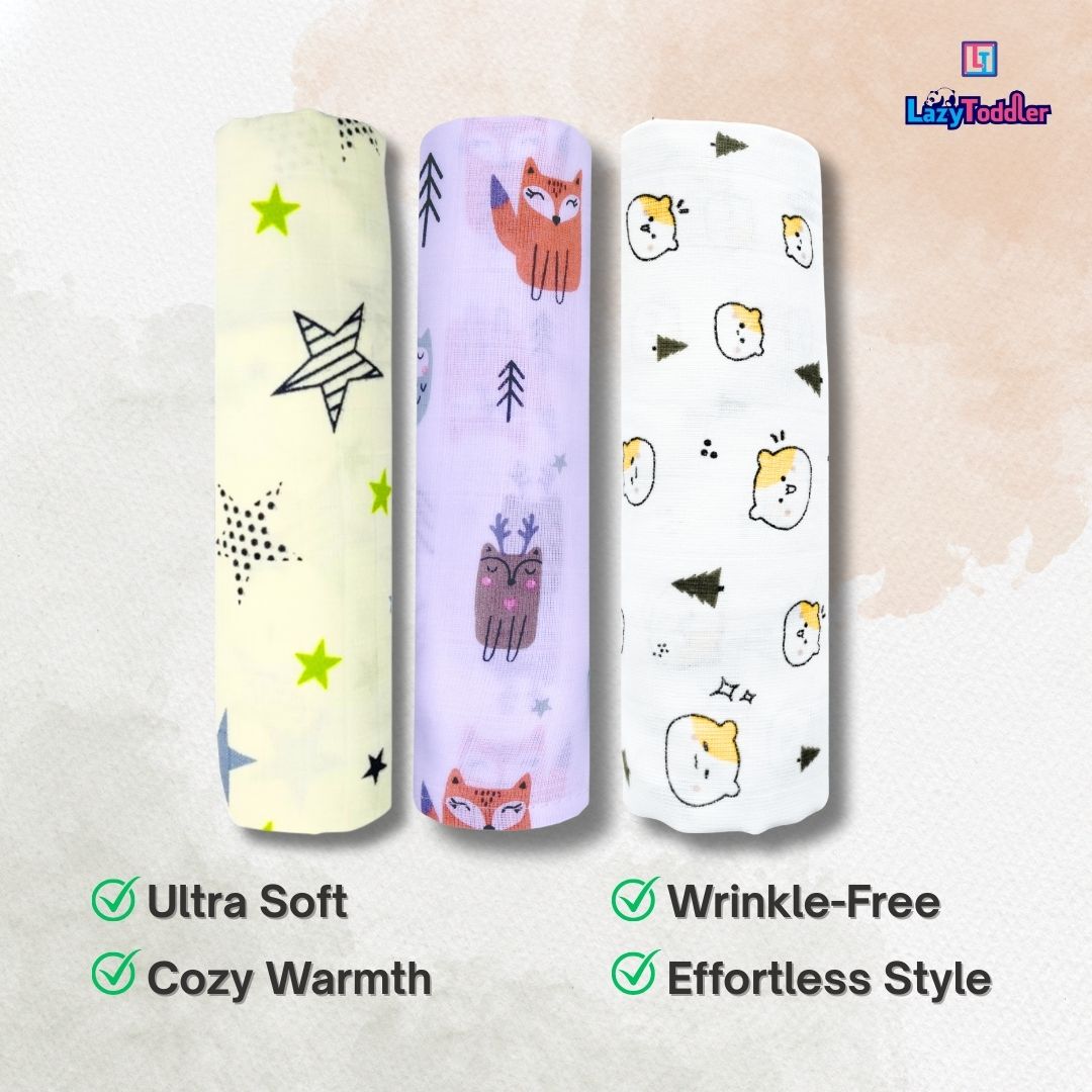 LazyToddler Muslin Swaddle Set of 3 –New Star , Fox & Teddy – Newborn Baby Blanket