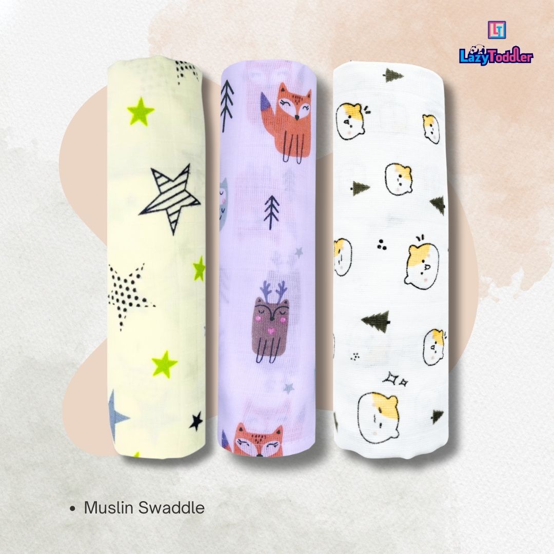 LazyToddler Muslin Swaddle Set of 3 –New Star , Fox & Teddy – Newborn Baby Blanket