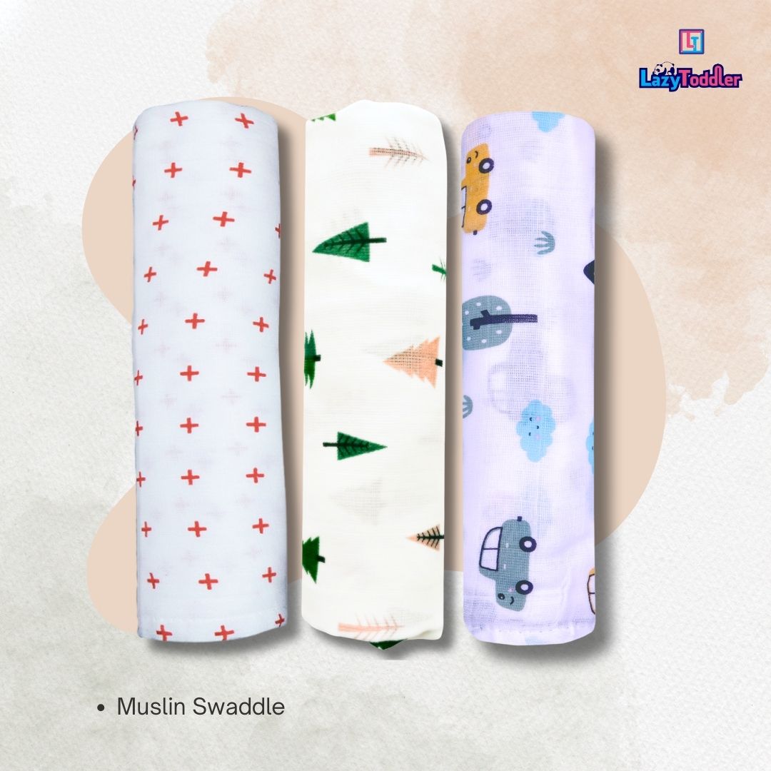 LazyToddler Muslin Swaddle Set of 3 –Red Plus , Car , Tree – Newborn Baby Blanket