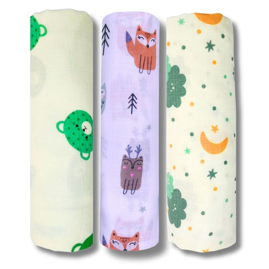 LazyToddler Muslin Swaddle Set of 3 – Bear,Fox,Cloud – Newborn Baby Blanket