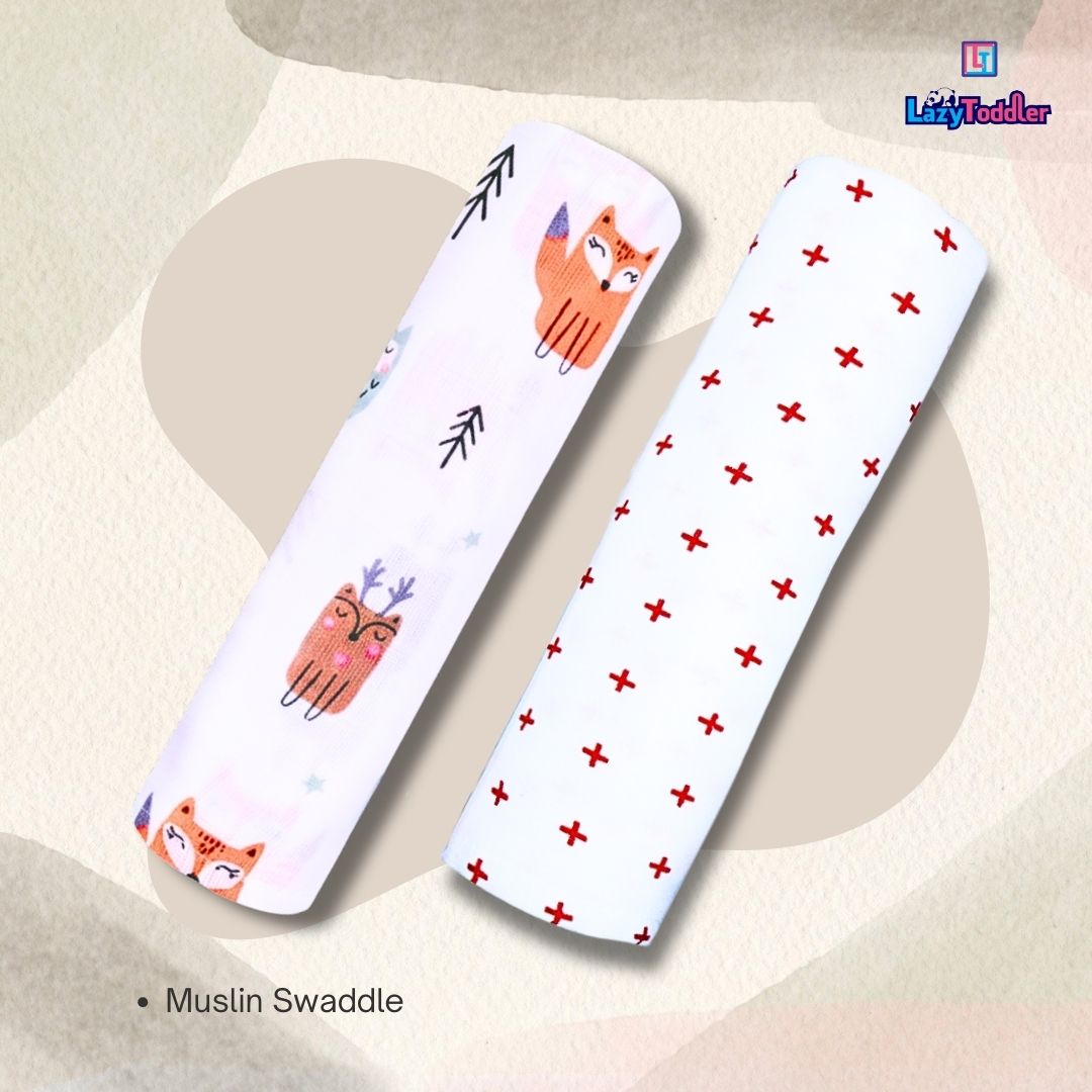 Lazytoddler Muslin Swaddle Printed Design (Red Plus & Fox) Set of 2