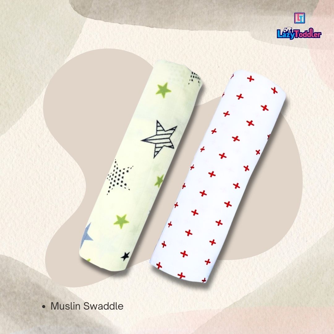 Lazytoddler Muslin Swaddle Printed Design (Red Plus & New Star) Set of 2