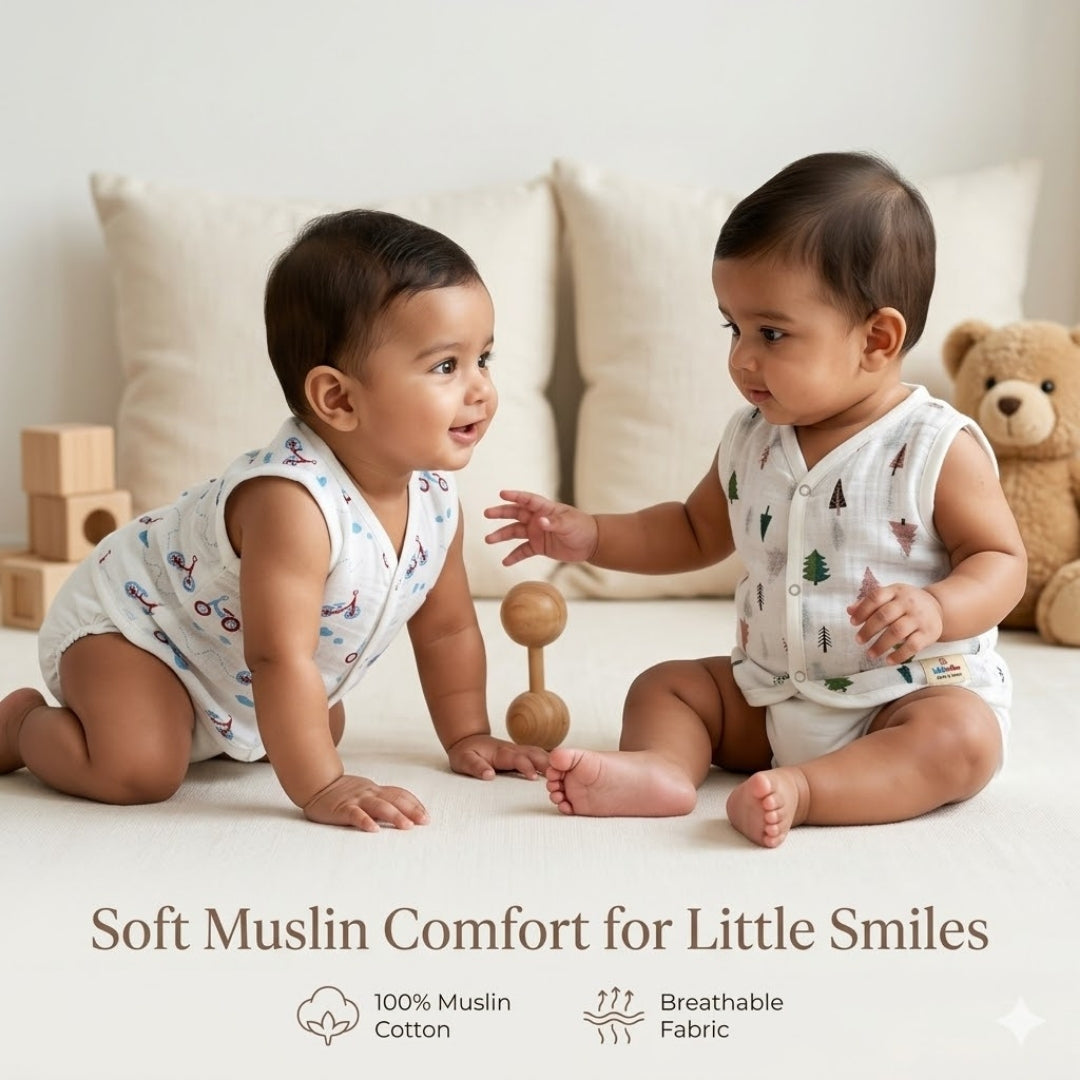 Premium Muslin Printed Push-Button Jhabla Pack of 2 - Mix Print
