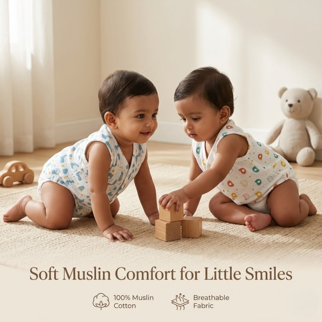 Premium Muslin Printed Push-Button Jhabla Pack of 2 - Mix Print