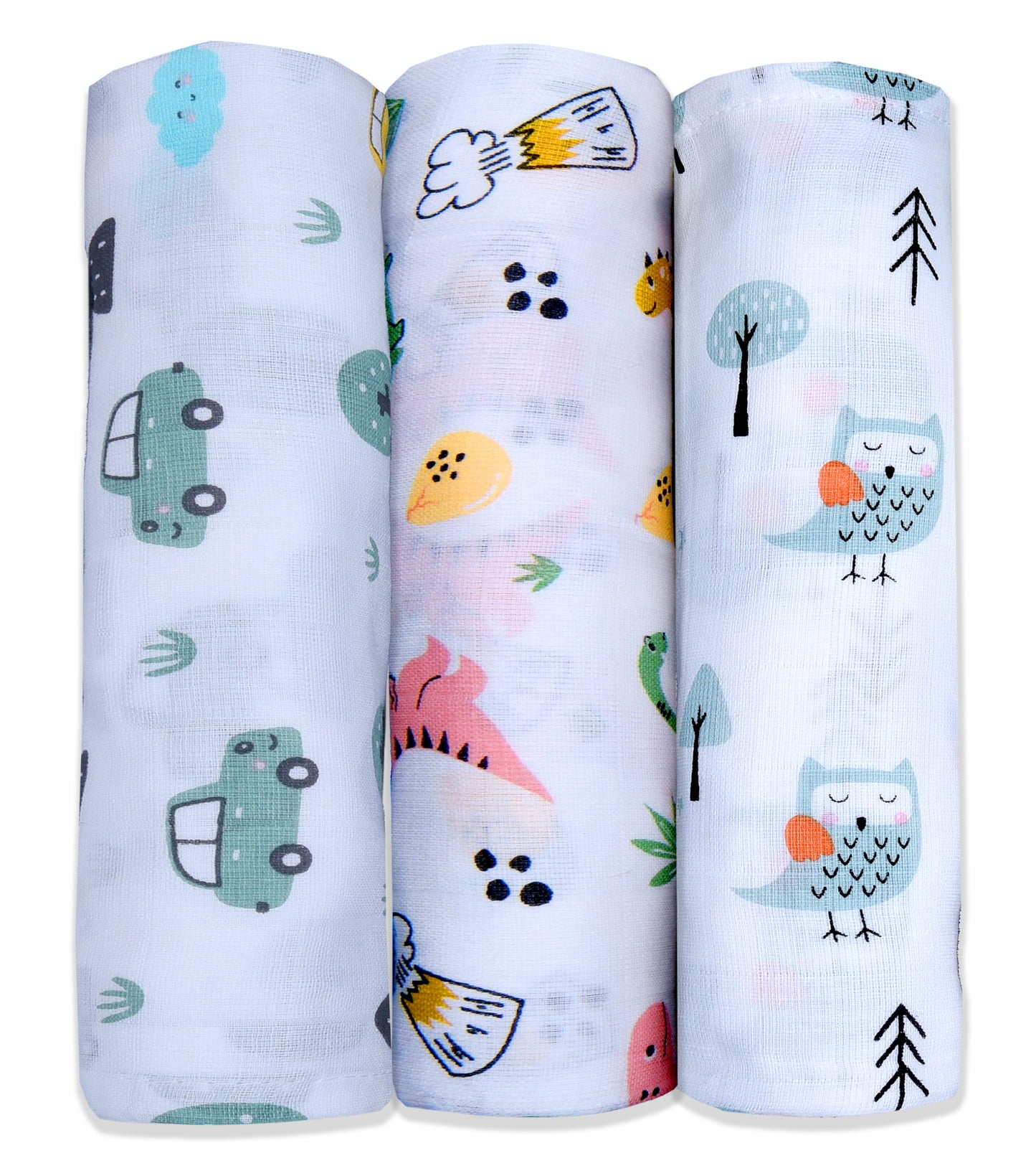 Muslin Swaddle Set of 3 - Car - Dino - Fox