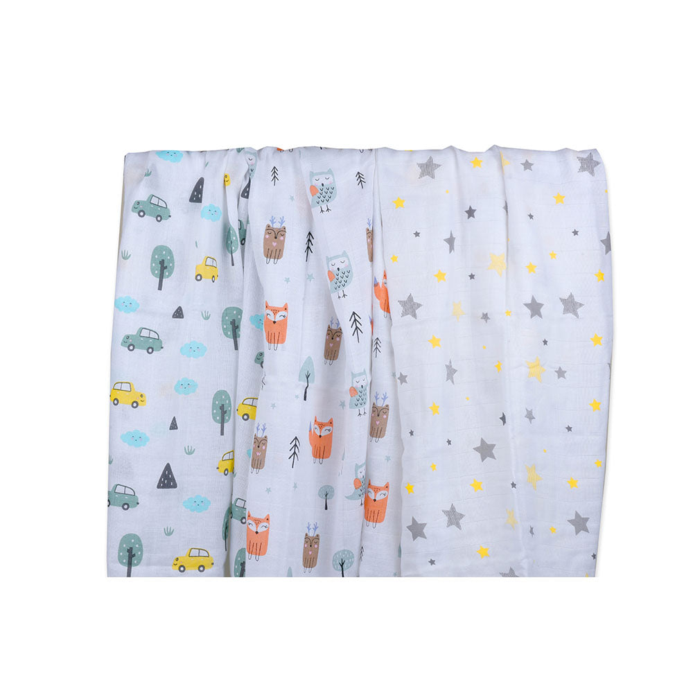 Muslin Swaddle Set of 3 - Car - Fox - Yellow Star