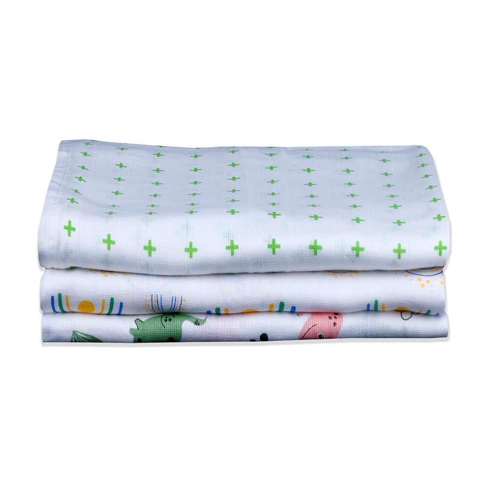 Muslin Swaddle Set of 3 - Dino-Rainbow-Green Plus