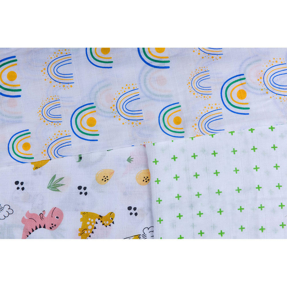 Muslin Swaddle Set of 3 - Dino-Rainbow-Green Plus