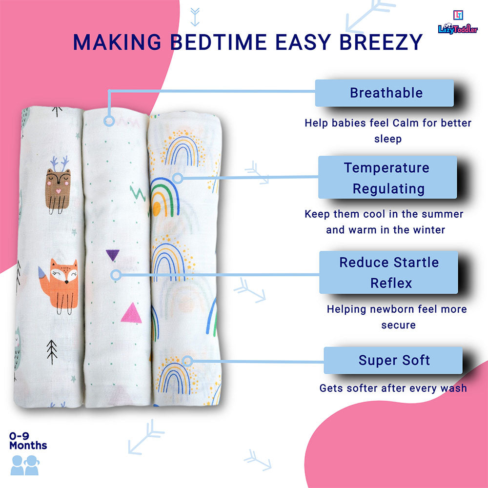 Muslin Swaddle Set of 3 - Fox - Rainbow - Triangle