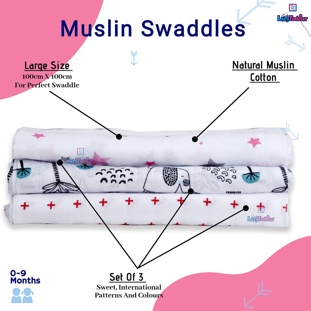 Muslin Swaddle Set of 3 - Pink & Red