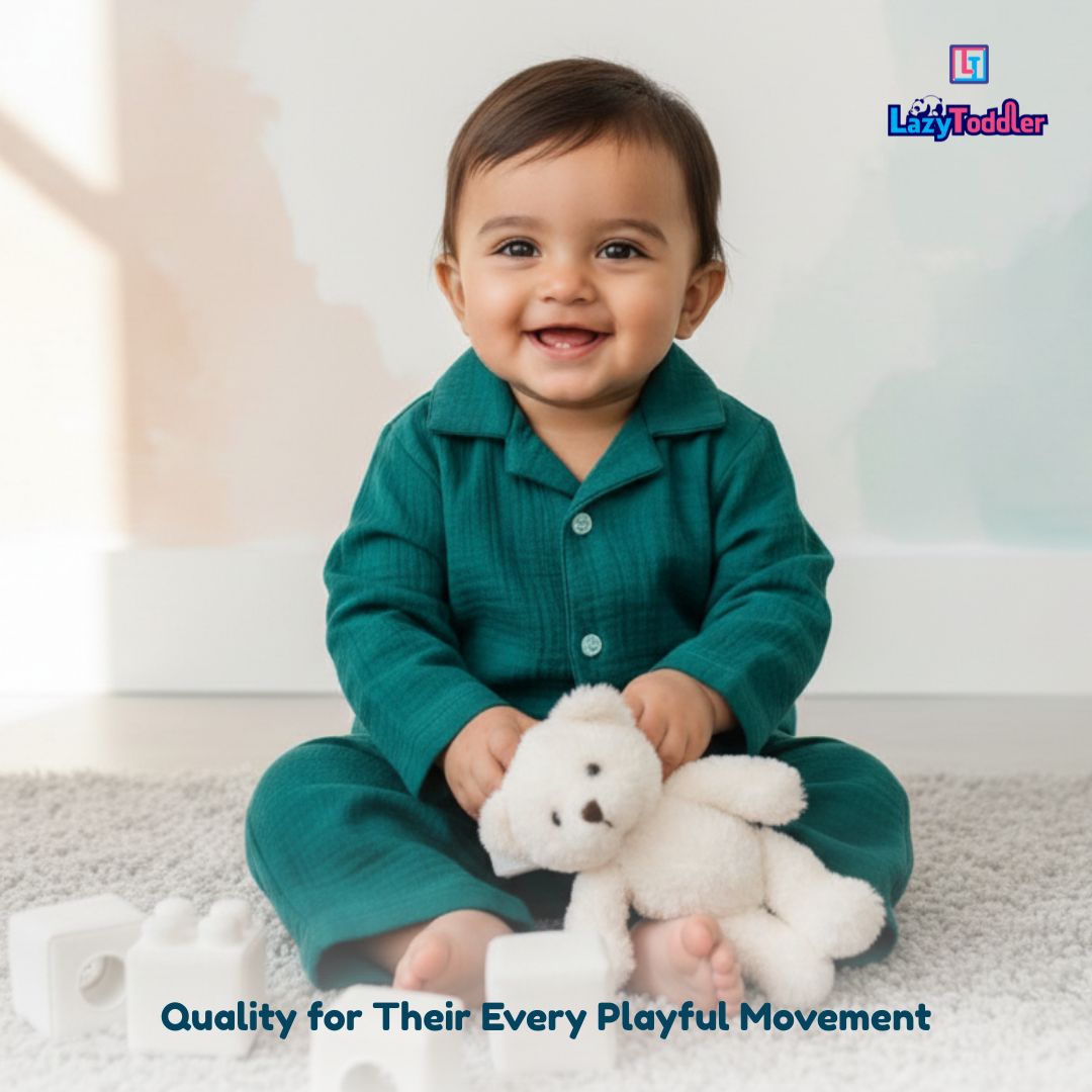 Crinkled Muslin Full Night Suit Premium Open Collar