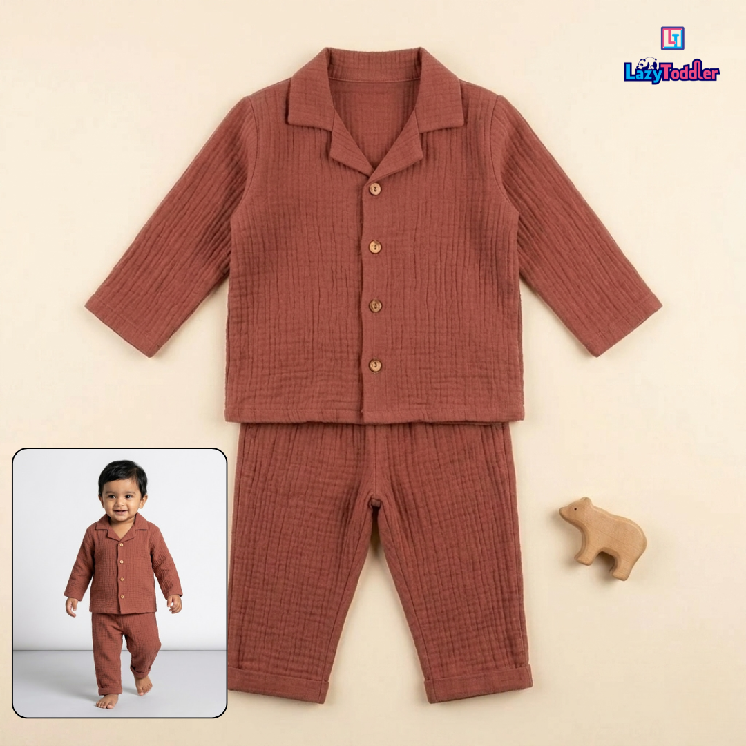 LazyToddler Crinkle Cotton Full Shirt & Pant Co-ord Set – Dark Rust | Soft Breathable Baby & Toddler Outfit (Boys & Girls)