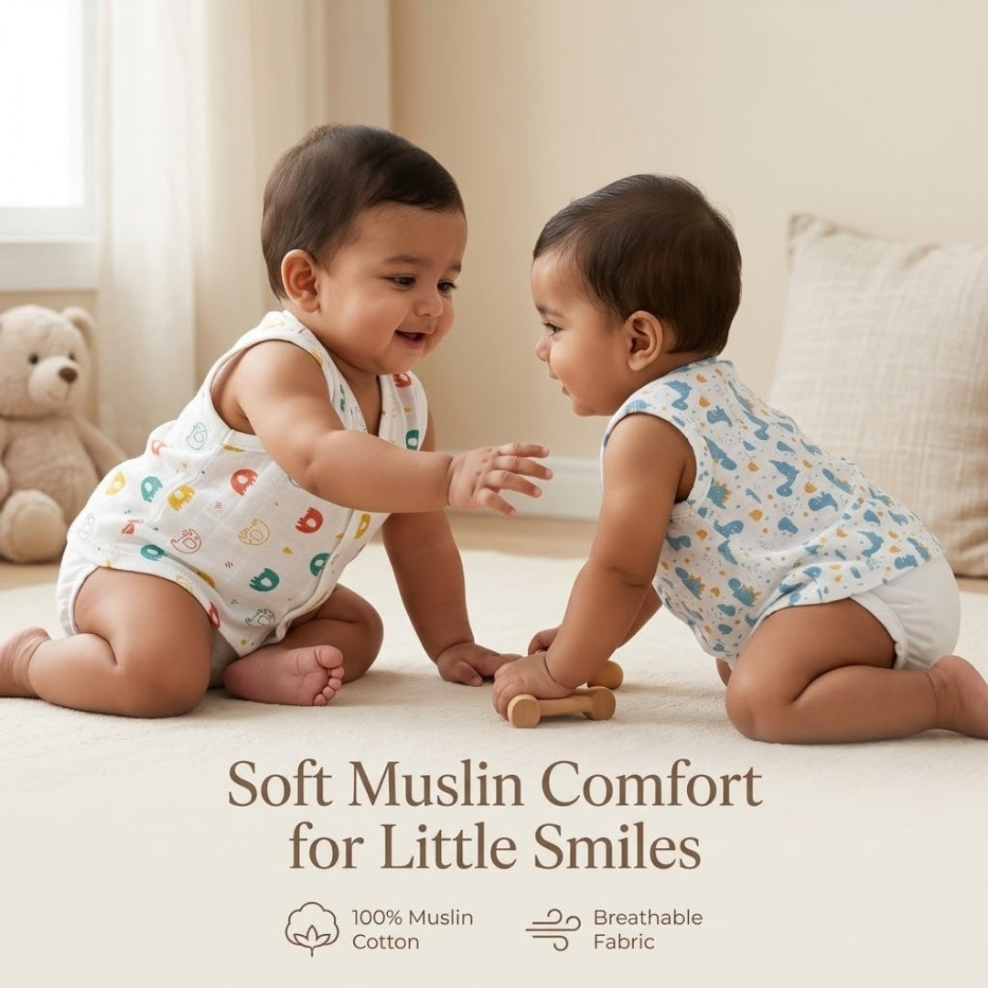 Premium Muslin Printed Push-Button Jhabla Pack of 2 - Mix Print