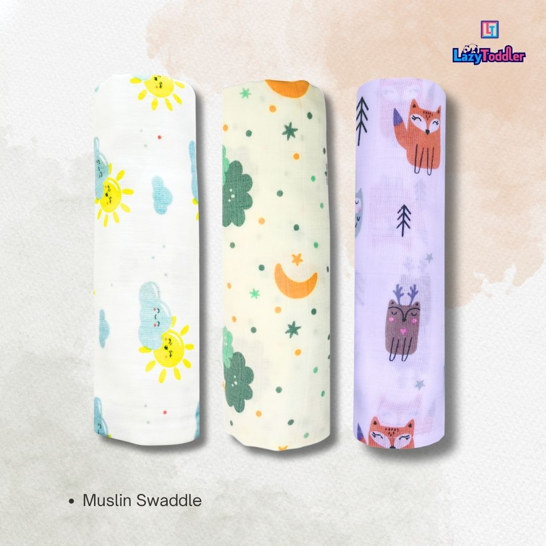 Lazytoddler Muslin Swaddle Printed Design (Cloud , Sun , Fox ) Set of 3