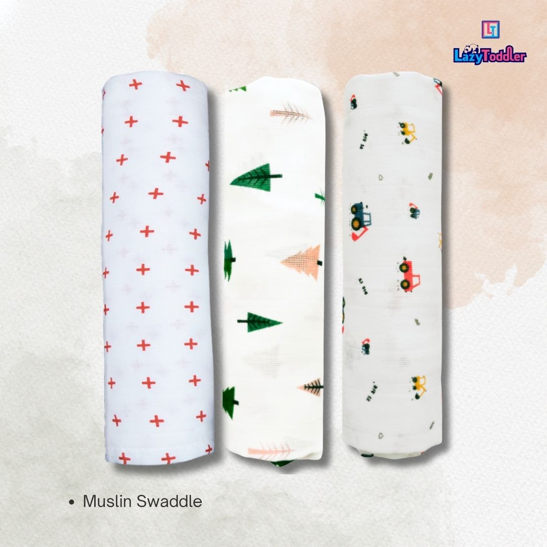 Lazytoddler Muslin Swaddle Printed Design (Red Plus, Tree , Crane) Set of 3