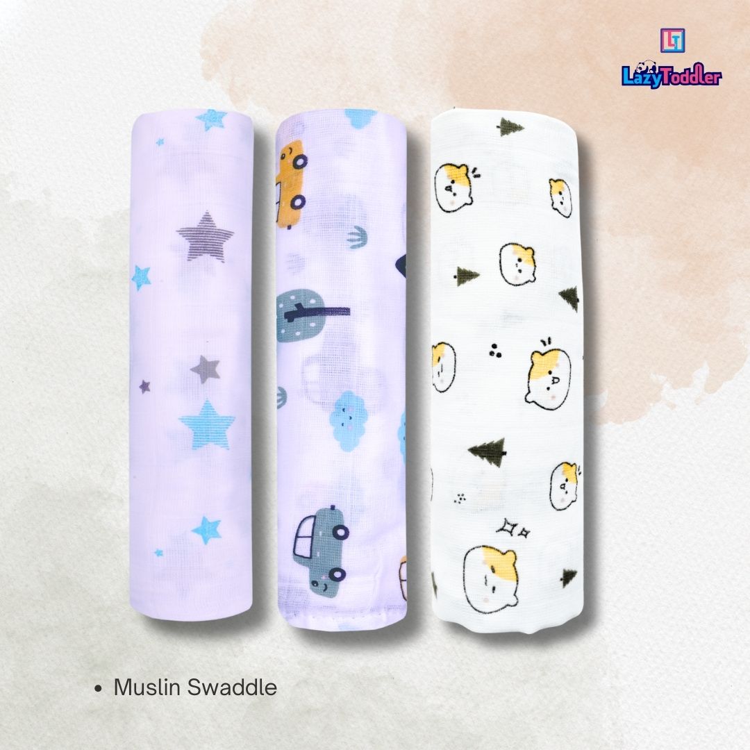Lazytoddler Muslin Swaddle Printed Design (Blue Star , Car , Teddy) Set of 3