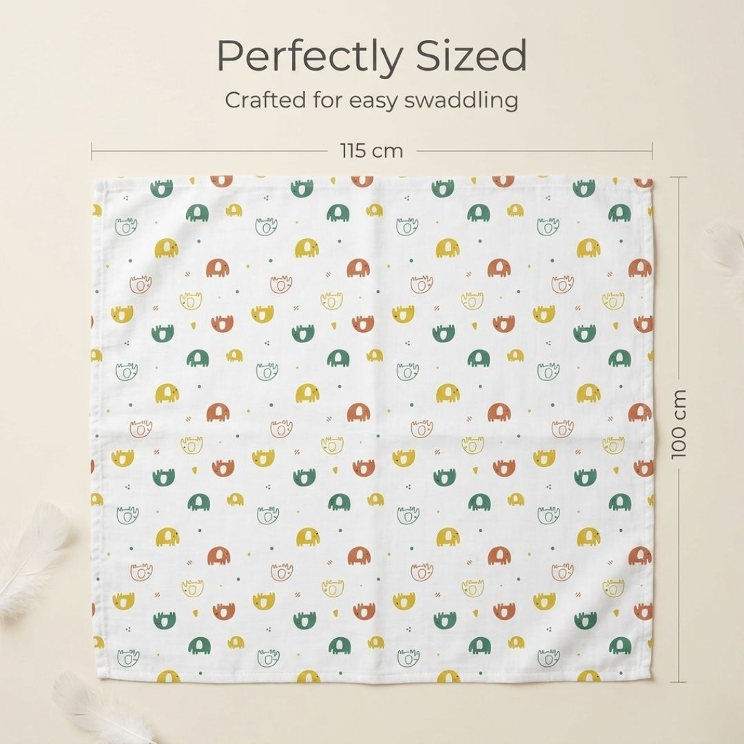 LazyToddler Premium Muslin Baby Swaddle Set of 3 | Elephant, Dino & Leaf Print | LazyToddler®
