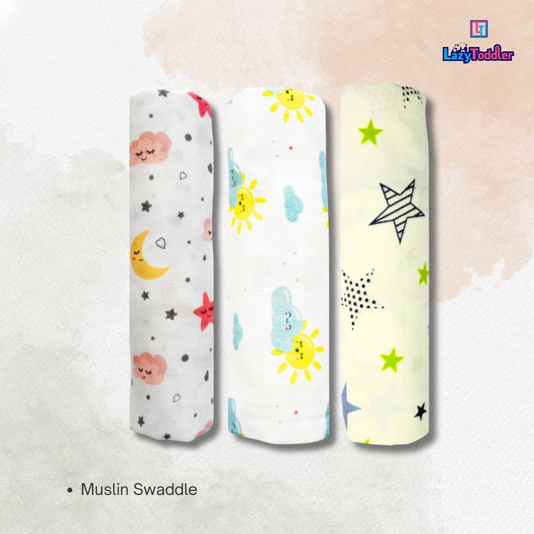 Lazytoddler Muslin Swaddle Printed Design (Sun , Moon , New Star) Set of 3