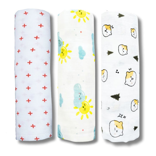 LazyToddler Muslin Swaddle Set of 3 – Red Plus , Sun & Teddy – Newborn Baby Blanket