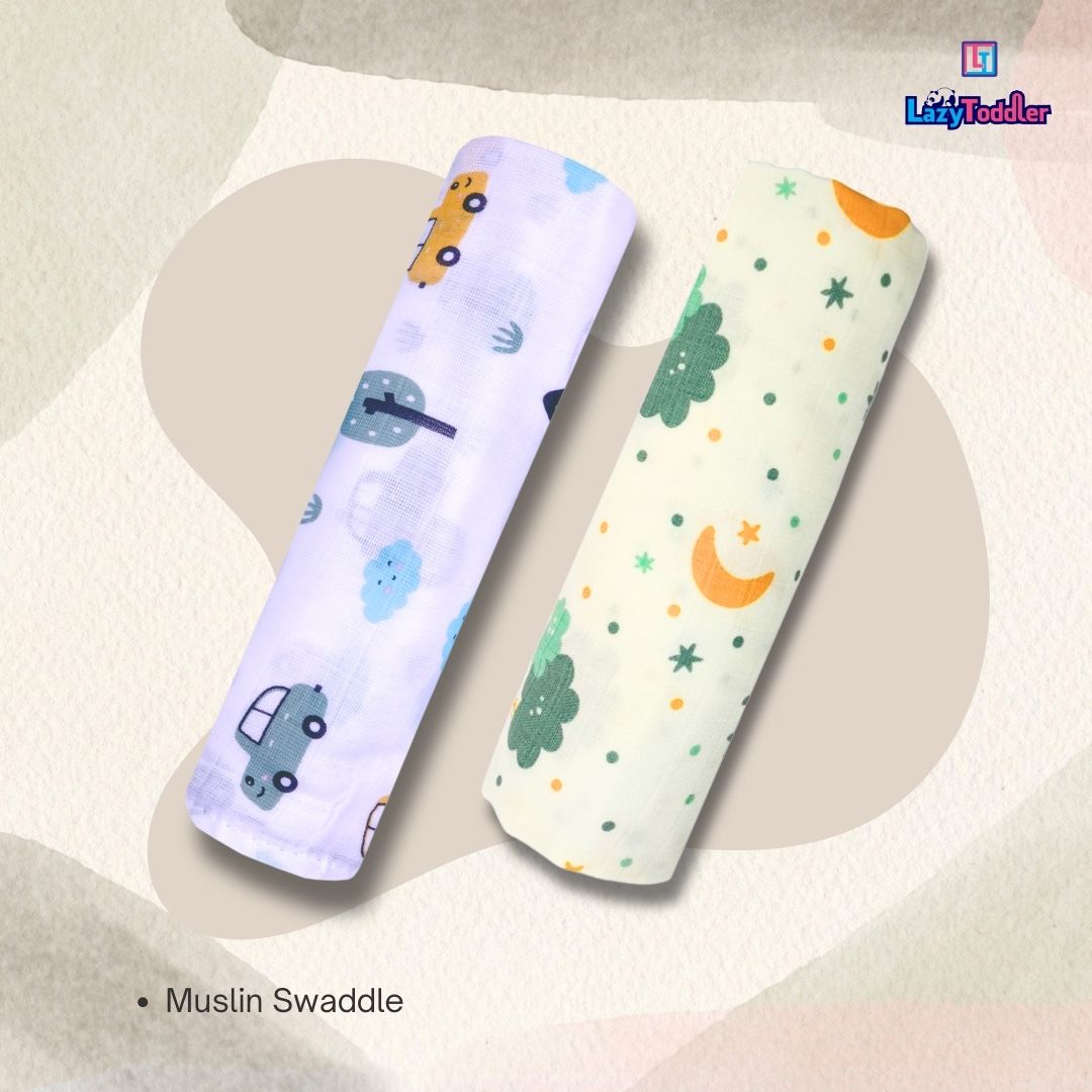 Lazytoddler Muslin Swaddle Printed Design (Car , Cloud) Set of 2