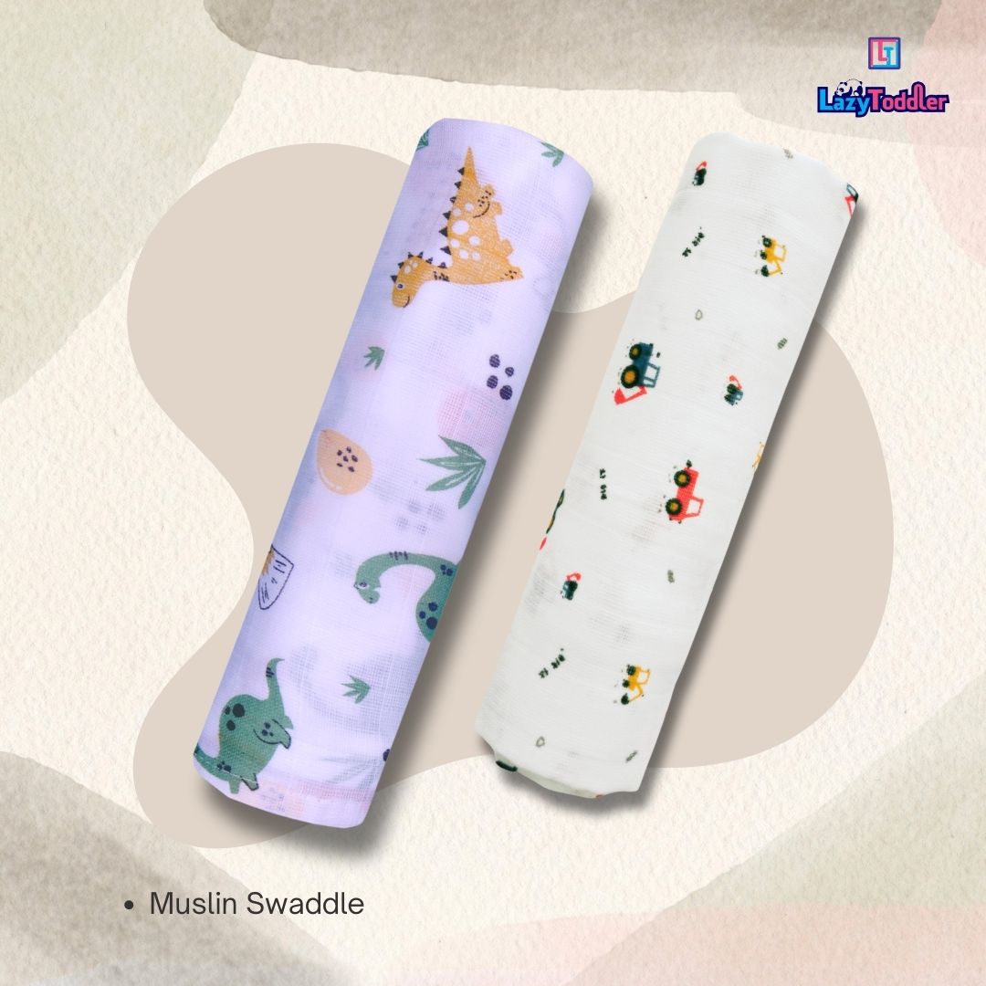 Lazytoddler Muslin Swaddle Printed Design (Dino & Crane ) Set of 2