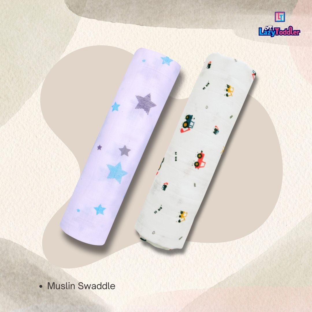 Lazytoddler Muslin Swaddle Printed Design (Blue Star , Crane) Set of 2