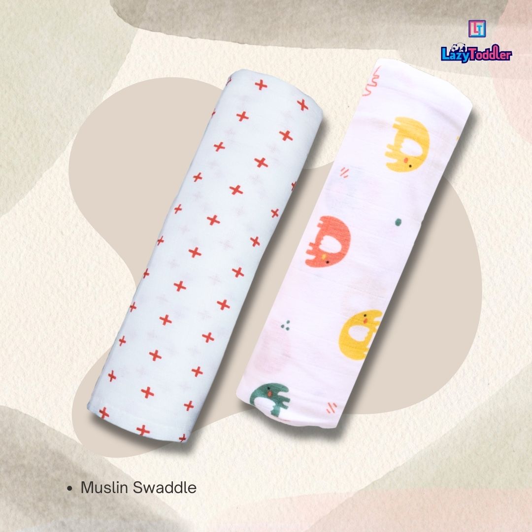 Lazytoddler Muslin Swaddle Printed Design (Red Plus & Elephant) Set of 2