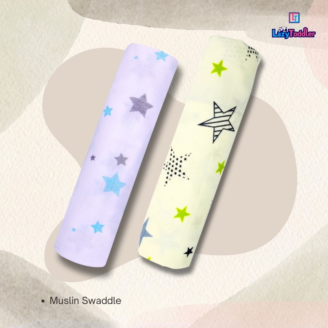 Lazytoddler Muslin Swaddle Printed Design (Blue Star & New Star) Set of 2