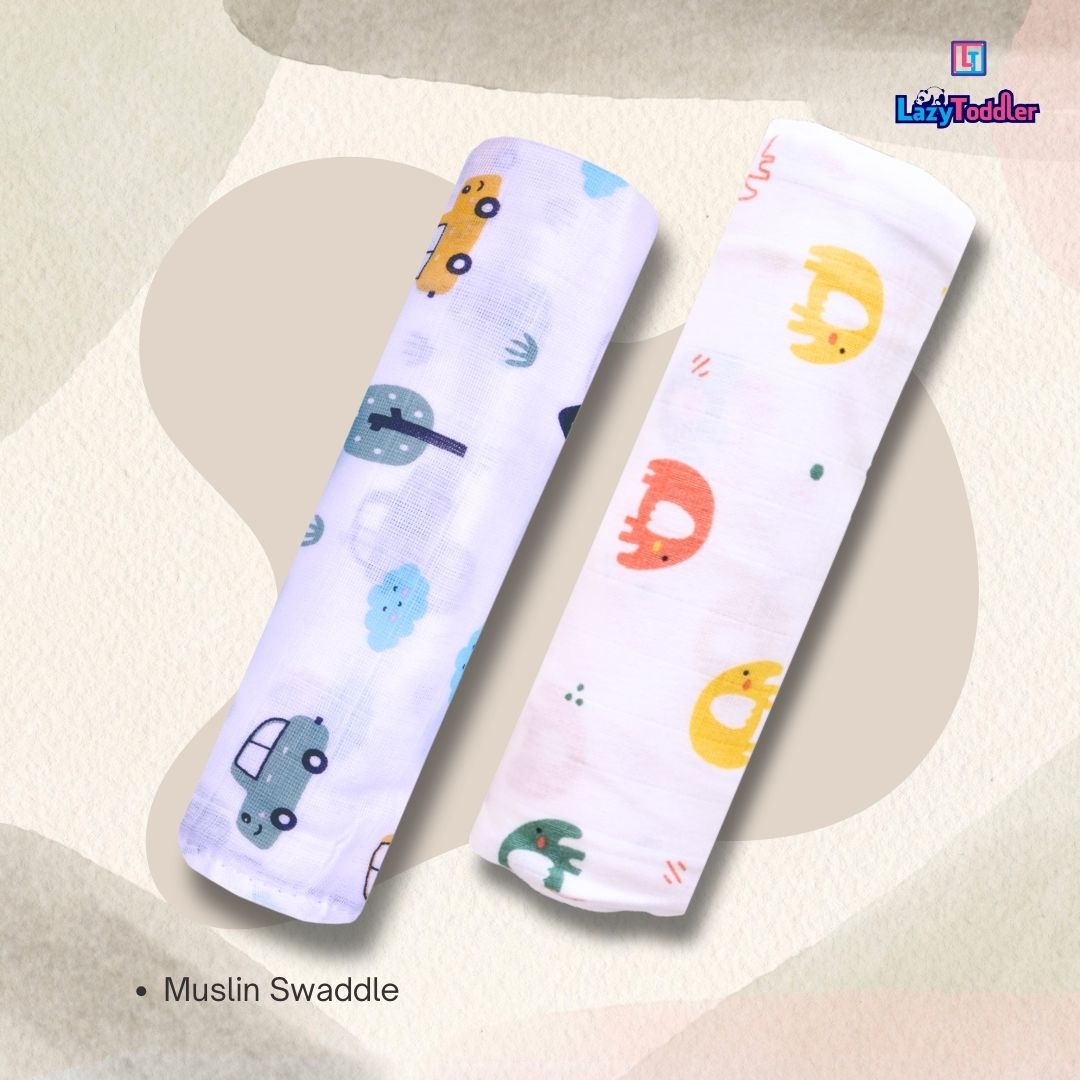 Lazytoddler Muslin Swaddle Printed Design (Car & Elephant) Set of 2