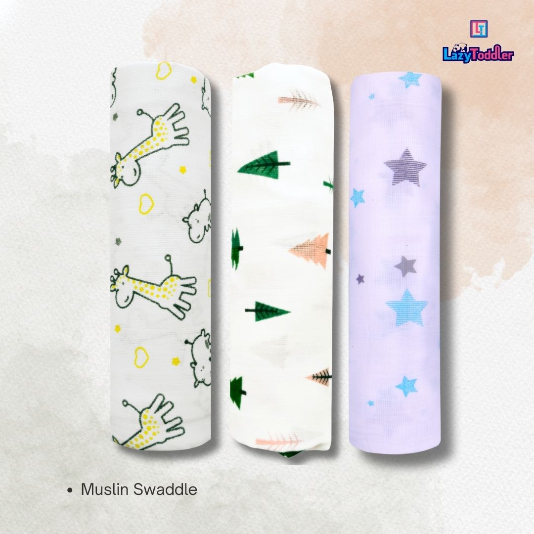 Lazytoddler Muslin Swaddle Printed Design (YC , Tree , BS) Set of 3