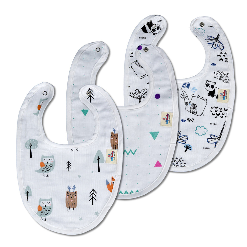 Super-soft muslin fabric, our Bibs are made up of 100% cotton muslin which provides luxuriously soft and cozy comfort while protecting baby's clothes from spilled food or a drink.