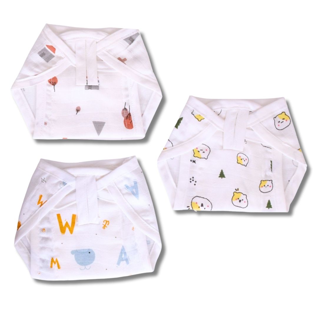 Lazytoddler Muslin Padding Nappy (Home,Teddy,Alphabet)-Pack of 3