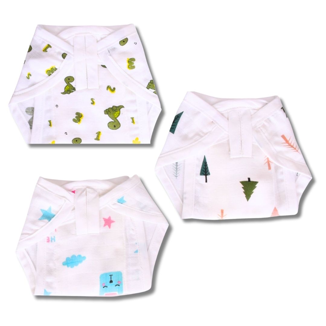Lazytoddler Muslin Padding Nappy (Dino Green , Tree , Little One)-Pack of 3
