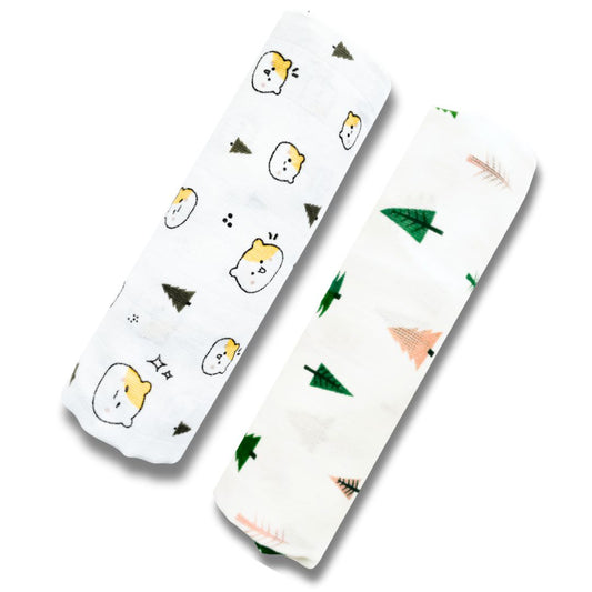 Lazytoddler Muslin Swaddle Printed Design (Teddy & Tree)  Set of 2