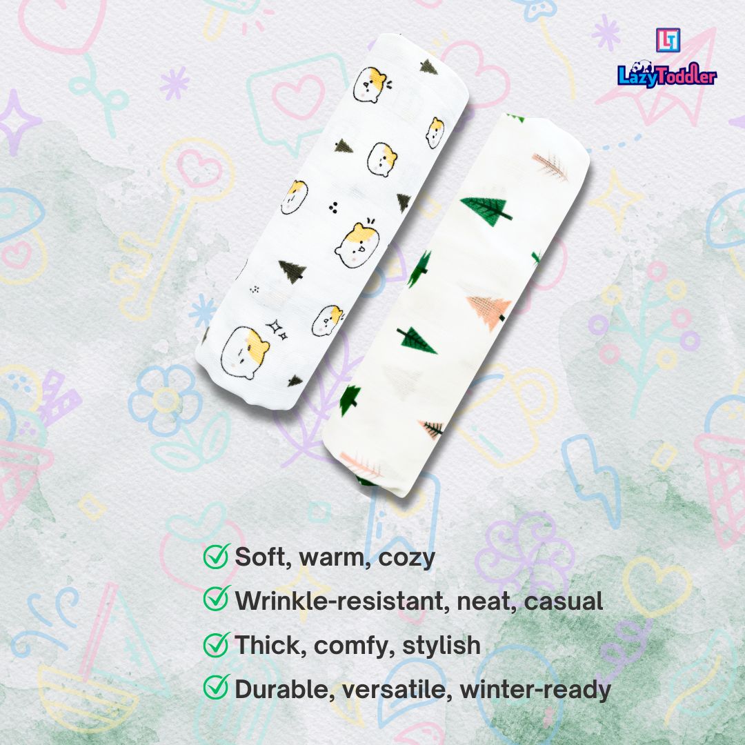 Lazytoddler Muslin Swaddle Printed Design (Teddy & Tree) Set of 2