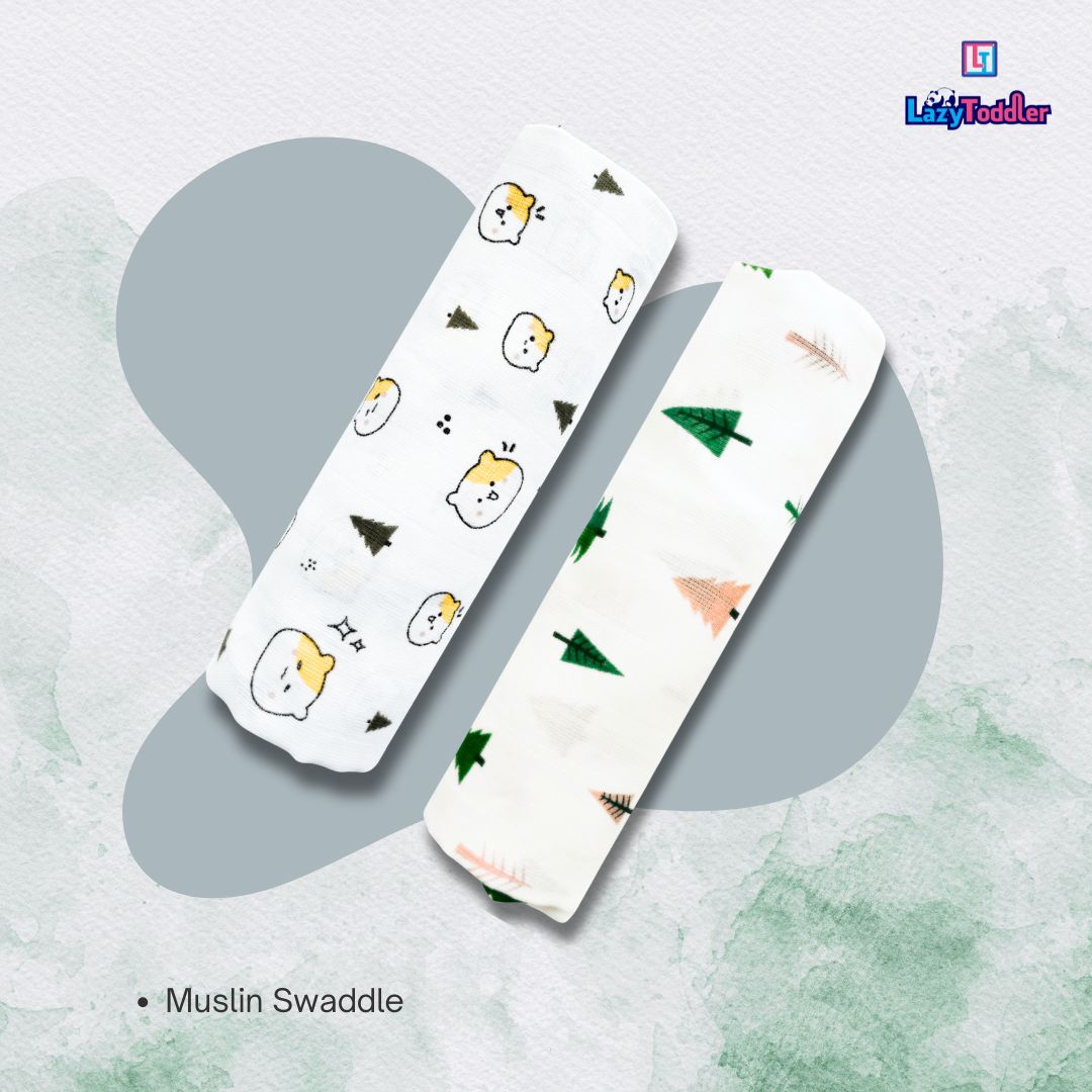 Lazytoddler Muslin Swaddle Printed Design (Teddy & Tree) Set of 2