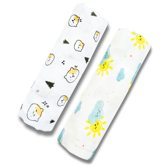 Lazytoddler Muslin Swaddle Printed Design (Teddy & Sun)  Set of 2