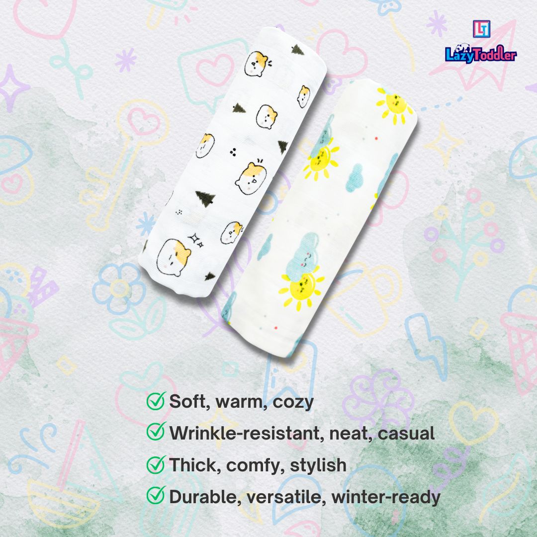 Lazytoddler Muslin Swaddle Printed Design (Teddy & Sun) Set of 2