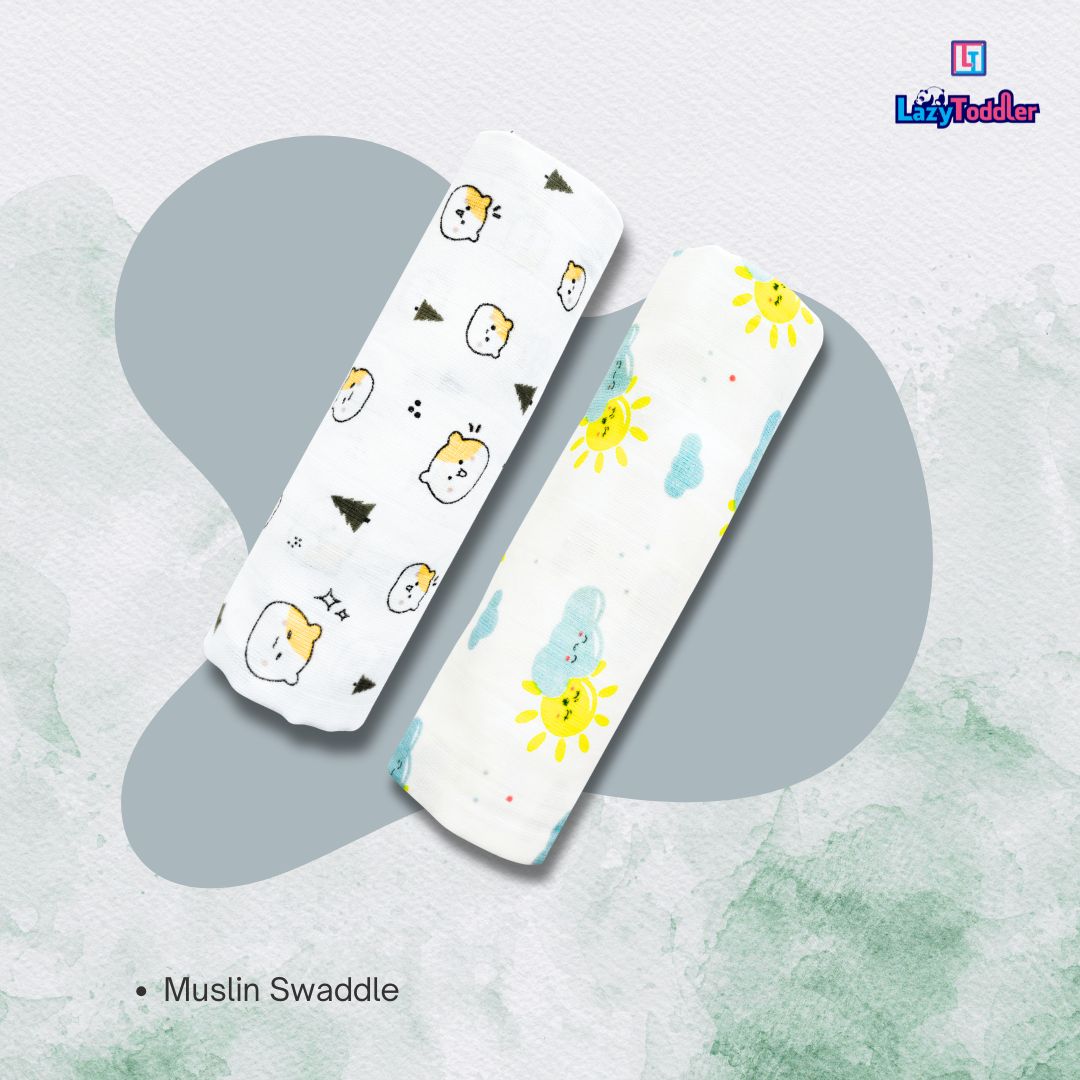 Lazytoddler Muslin Swaddle Printed Design (Teddy & Sun) Set of 2