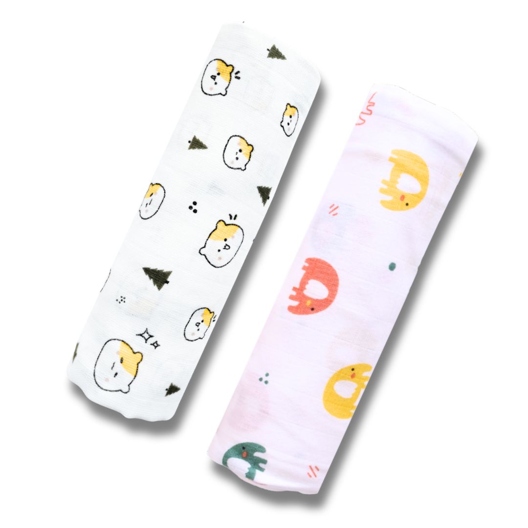Lazytoddler Muslin Swaddle Printed Design (Teddy & Elephant) Set of 2